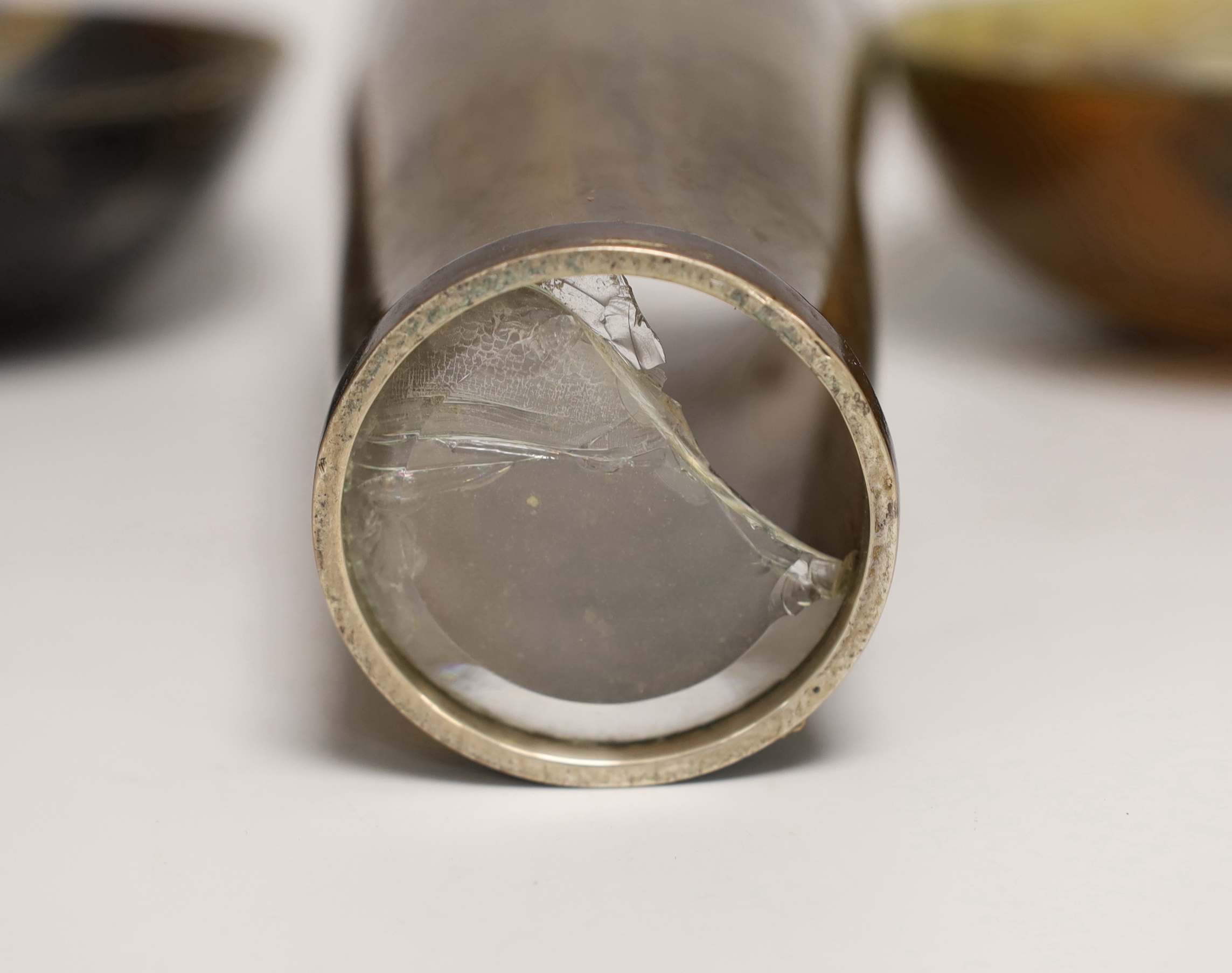 A silver-mounted horn beaker and two bowls, beaker 21cm tall